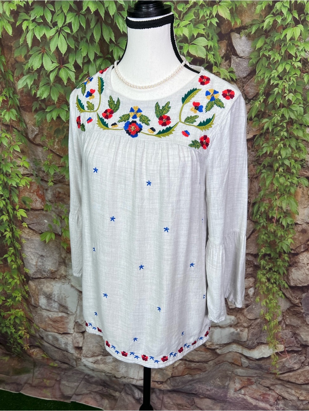FALMER HERITAGE Pale Gray Embroidered Bohemian Peasant Blouse, UK 12/ US 8 - Picture 5 of 14